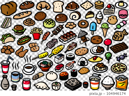 手描き風コミックパーツカラー　色々な食品や料理のセット 104946174