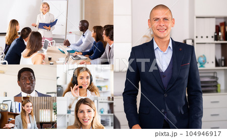 Collage of portraits of mixed age group of focused business professionals Collage of portraits of mixed age group of focused business professionals 104946917