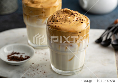 Dalgona coffee or whipped instant coffee 104946978