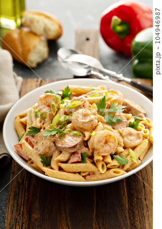 Cajun shrimp and sausage pasta Cajun shrimp and sausage pasta 104946987