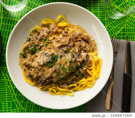 Delicious pork ribs with mushroom sauce Delicious pork ribs with mushroom sauce 104947269