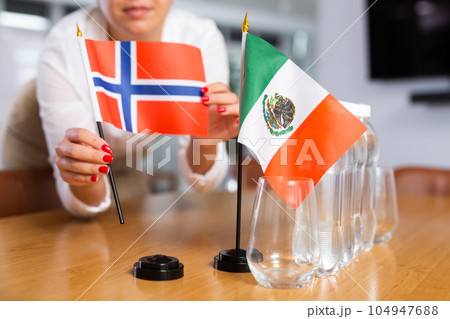 Unrecognizable girl sets midget flags of Mexico and Norway before international negotiations 104947688