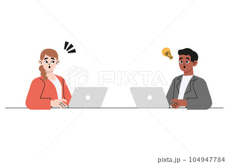 Smiling diverse people working on computer online brainstorm generate creative idea. Surprised men and women use laptops think of good innovation. Remote internet job. Flat vector illustration isolate Smiling diverse people working on computer online brainstorm generate creative idea. Surprised men and women use laptops think of good innovation. Remote internet job. Flat vector illustration isolate 104947784
