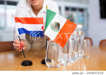 Unrecognizable girl sets midget flags of Mexico and Netherlands before international negotiations Unrecognizable girl sets midget flags of Mexico and Netherlands before international negotiations 104947919