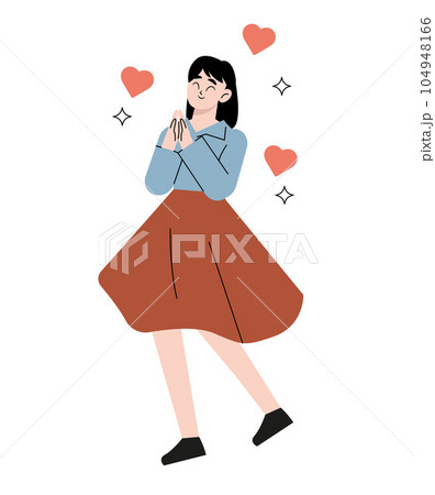 Woman with hand on kind heart, feeling self love, bliss, harmony, positive emotion. Happy calm peaceful girl volunteer. Care, humanity, selfhelp and peace concept. Colored flat vector illustration	 104948166