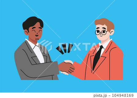 Business handshake illustration with two businessman shaking hands over profitable deal and agreement. Flat design vector with blue background Business handshake illustration with two businessman shaking hands over profitable deal and agreement. Flat design vector with blue background 104948169