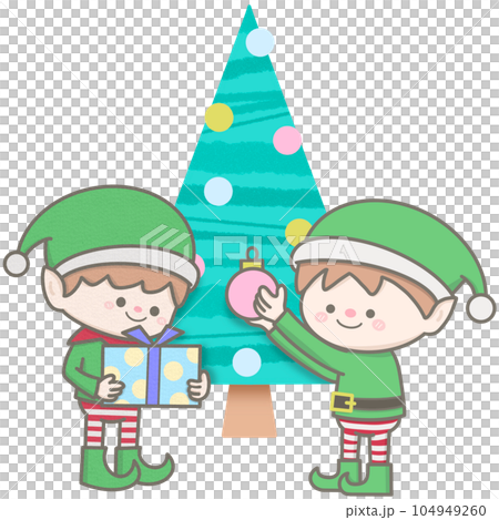 Little elves decorating Christmas tree 104949260