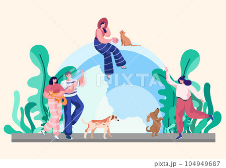Pet owners on a stroll. People with their domestic animals on a walk in the warm season sunny day 104949687