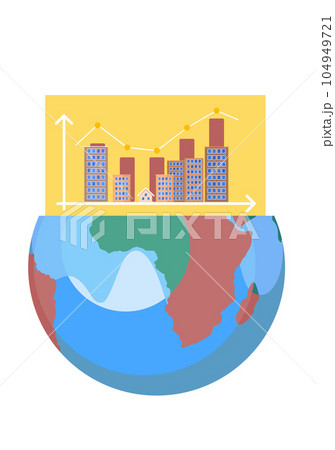 Half world with ascending graph of city buildings statistical diagram, houses on planet earth 104949721