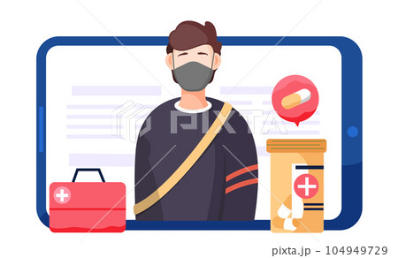 Screen of tablet with a man in a mask and a container with pills. Quarantine conditions Screen of tablet with a man in a mask and a container with pills. Quarantine conditions 104949729
