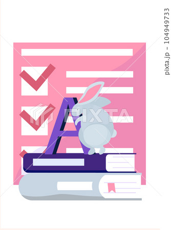 White rabbit sitting on the stack of books with big letter flat style junior school illustration 104949733