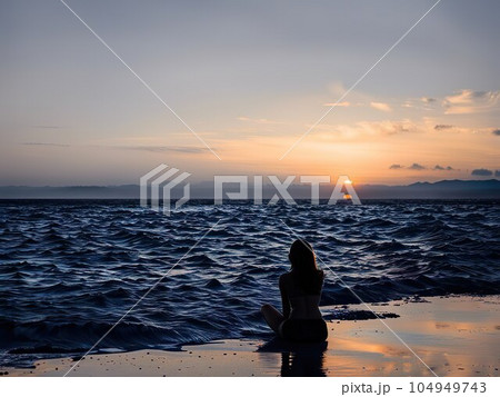 Silhouette of young woman sitting on the beach at sunset 104949743