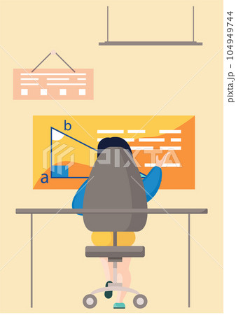 Girl sitting on a chair looking at blackboard with task back view, solves mathematical exercises Girl sitting on a chair looking at blackboard with task back view, solves mathematical exercises 104949744
