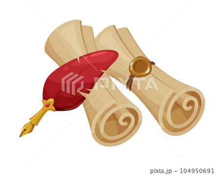 羊皮紙の巻物と羽ペンのイラスト 104950691