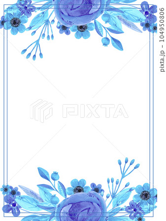 Hand drawn watercolor blue flowers and leaves post card. Isolated on white. Can be used for cards, banners, invitations, label. 104950806
