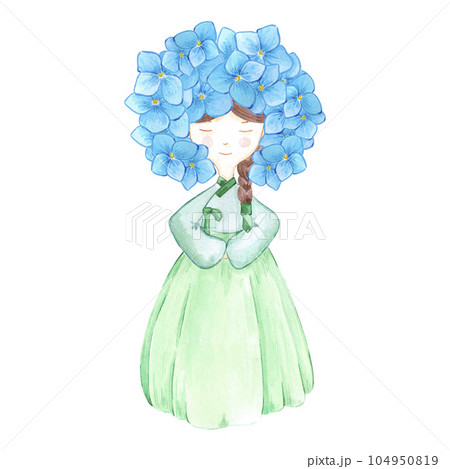 Hand drawn watercolor korean girl in hanbok with hydrangea flowers isolated on white background. Can be used for label, banner, post card and other printed products. 104950819