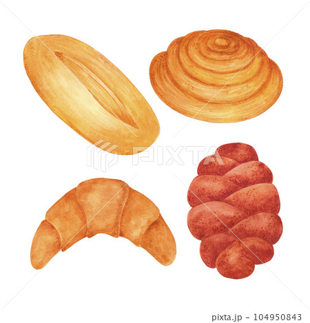 Hand drawn watercolor bread buns set. Isolated on white background. Can be used for Scrapbook design, cards, label, banner and any printed products. 104950843