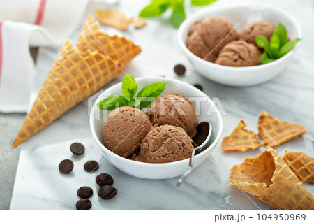 Chocolate ice cream scoops in a white bowl Chocolate ice cream scoops in a white bowl 104950969