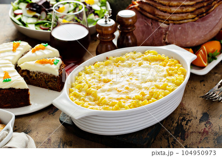 Mac and cheese on a festive Easter table 104950973