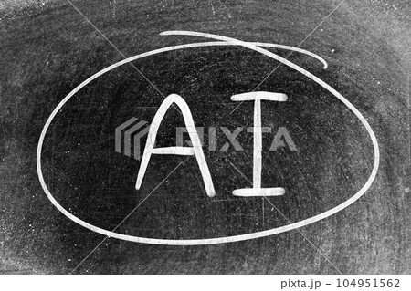 White chalk hand writing in word AI (Abbreviation of artificial intelligence) and circle shape on blackboard background White chalk hand writing in word AI (Abbreviation of artificial intelligence) and circle shape on blackboard background 104951562