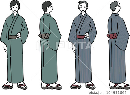 シックな色の浴衣を着た男性の全身イラストセット シックな色の浴衣を着た男性の全身イラストセット 104951865