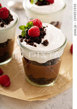 Chocolate layered dessert in a jar Chocolate layered dessert in a jar 104951936