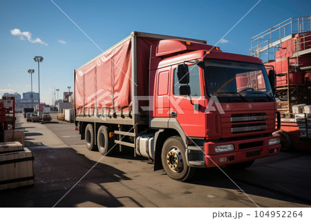 Red cargo truck on the port Red cargo truck on the port 104952264