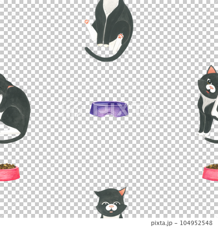 Hand drawn watercolor illustration of a black cat and food bowls seamless pattern on a transparent background Hand drawn watercolor illustration of a black cat and food bowls seamless pattern on a transparent background 104952548