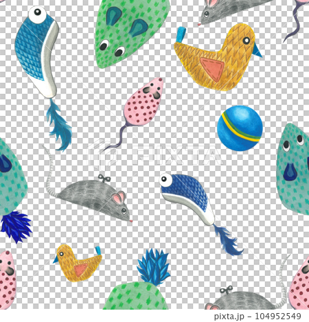 Watercolor illustration of cat toys. Seamless pattern on a transparent background is made by hand. Watercolor illustration of cat toys. Seamless pattern on a transparent background is made by hand. 104952549