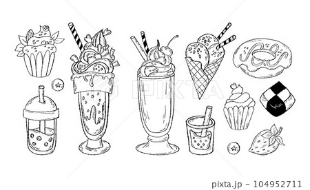 Hand drawn pastries. Collection outline sweet food. Desserts, roll and donut, cakes, cookies, muffins, pastries, ice cream and creamy dessert. Vector illustration 104952711