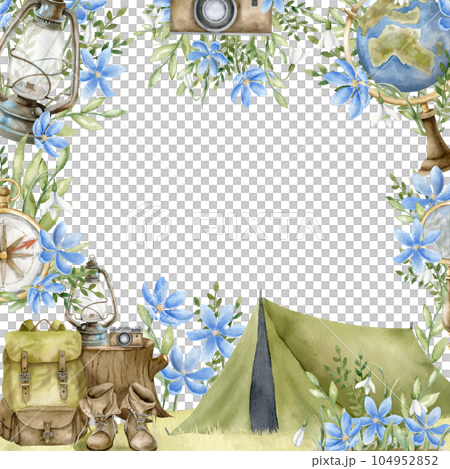 Square Frame with Camping Equipment. Hand drawn watercolor illustration of vintage instruments for travel and adventure on white isolated background. Border with forest plants and flowers for journey. 104952852