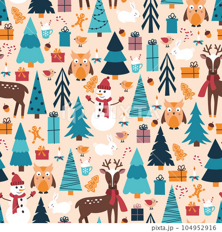 Winter background with forest animals, Christmas trees and gifts Winter background with forest animals, Christmas trees and gifts 104952916