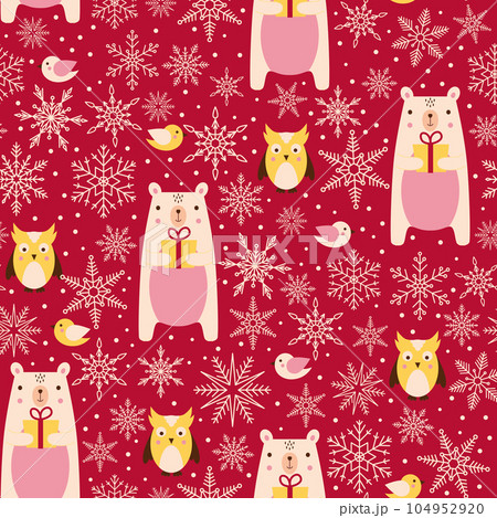Christmas background with teddy bears, snowflakes and birds Christmas background with teddy bears, snowflakes and birds 104952920