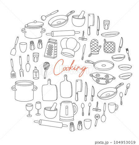 Kitchen utensils in circle design. Ceramic plates, mug, cup, wineglass, frying pan, sieve, colander, cooking glove, steel grater, mortar, rolling pin. Kitchen utensils in circle design. Ceramic plates, mug, cup, wineglass, frying pan, sieve, colander, cooking glove, steel grater, mortar, rolling pin. 104953019