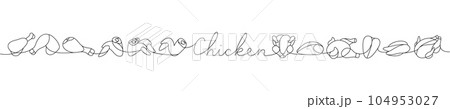 Raw chicken set one line continuous drawing. Raw chicken meat parts continuous one line illustration. Vector minimalist linear illustration. Raw chicken set one line continuous drawing. Raw chicken meat parts continuous one line illustration. Vector minimalist linear illustration. 104953027