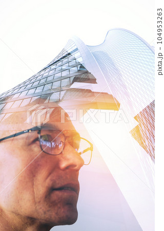 Double exposure with senior businessmen at working Double exposure with senior businessmen at working 104953263