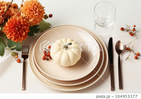 Autumn table setting with pumpkins and flowers for celebration Thanksgiving. Generative AI illustration 104953377