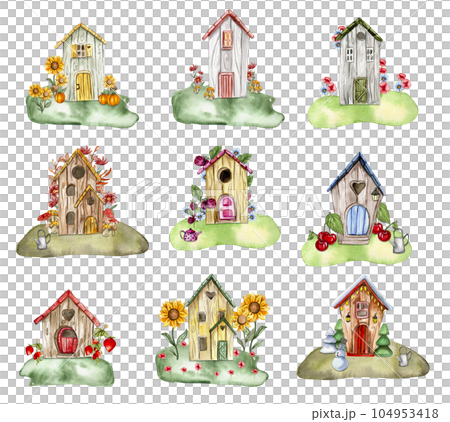 An old wooden house with flower composition . An old rusty enamel element. Hand drawn watercolor illustration. Perfect for wedding invitation, greetings card, posters. 104953418