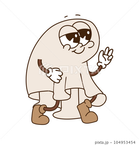 White sheet ghost character in vintage retro cartoon style, Halloween groovy mascot. Contour hand drawn vector illustration. 104953454