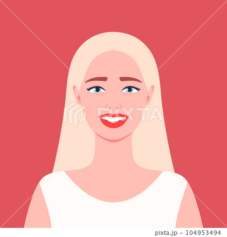 Young blonde woman is smiling. Smile with crowded teeth. Bite type. Girl portrait in a flat style Young blonde woman is smiling. Smile with crowded teeth. Bite type. Girl portrait in a flat style 104953494