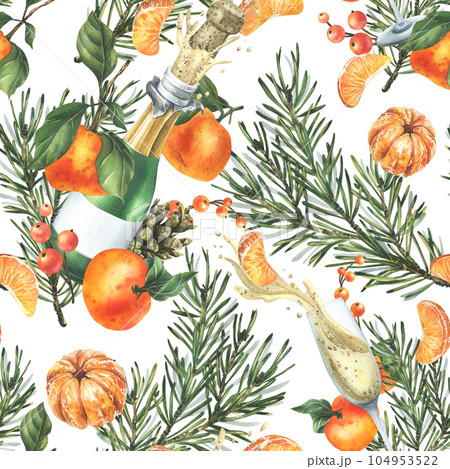Tangerines with pine branches and cones, champagne in bottles and glasses. Hand drawn watercolor illustration for christmas fabric, textile, wrapping paper. Seamless pattern on a white background Tangerines with pine branches and cones, champagne in bottles and glasses. Hand drawn watercolor illustration for christmas fabric, textile, wrapping paper. Seamless pattern on a white background 104953522