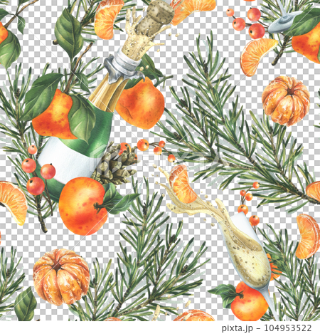 Tangerines with pine branches and cones, champagne in bottles and glasses. Hand drawn watercolor illustration for christmas fabric, textile, wrapping paper. Seamless pattern on a white background Tangerines with pine branches and cones, champagne in bottles and glasses. Hand drawn watercolor illustration for christmas fabric, textile, wrapping paper. Seamless pattern on a white background 104953522