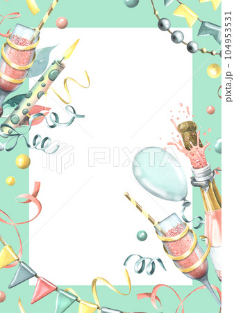 Vertical birthday card with pink champagne, balloons, gifts, confetti, flags, cake. Watercolor illustration, hand drawn. Frame template for text on a white background. 104953531