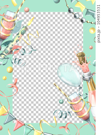 Vertical birthday card with pink champagne, balloons, gifts, confetti, flags, cake. Watercolor illustration, hand drawn. Frame template for text on a white background. 104953531