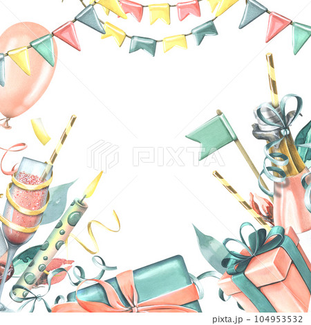Pink champagne in glass bottle and glass with straw, gift box, confetti, flag, candle, flowers, ribbons and balloon. Watercolor illustration, hand drawn. Template on a white background 104953532