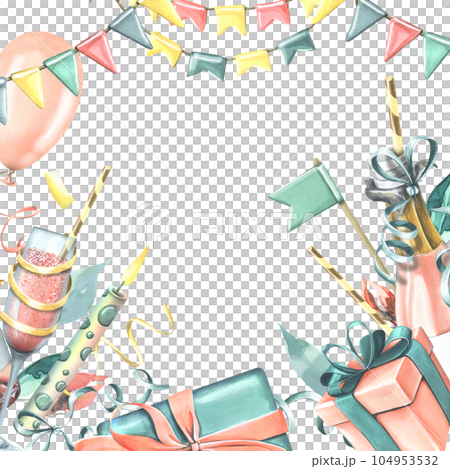 Pink champagne in glass bottle and glass with straw, gift box, confetti, flag, candle, flowers, ribbons and balloon. Watercolor illustration, hand drawn. Template on a white background 104953532