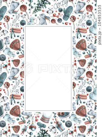 New Year's rectangular vertical card of watercolor illustrations COZY WINTER with a snowman, gifts, a snow globe, a Christmas tree and knitted items. Hand drawn template on a white background. 104953535