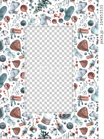 New Year's rectangular vertical card of watercolor illustrations COZY WINTER with a snowman, gifts, a snow globe, a Christmas tree and knitted items. Hand drawn template on a white background. 104953535