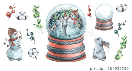 Snow glass ball with snow, a snowman and a rabbit inside. Watercolor illustration, hand drawn. Christmas, winter, new year set of isolated objects on a white background. 104953536