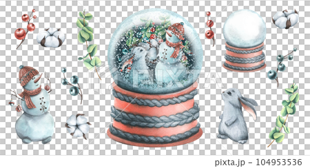 Snow glass ball with snow, a snowman and a rabbit inside. Watercolor illustration, hand drawn. Christmas, winter, new year set of isolated objects on a white background. 104953536